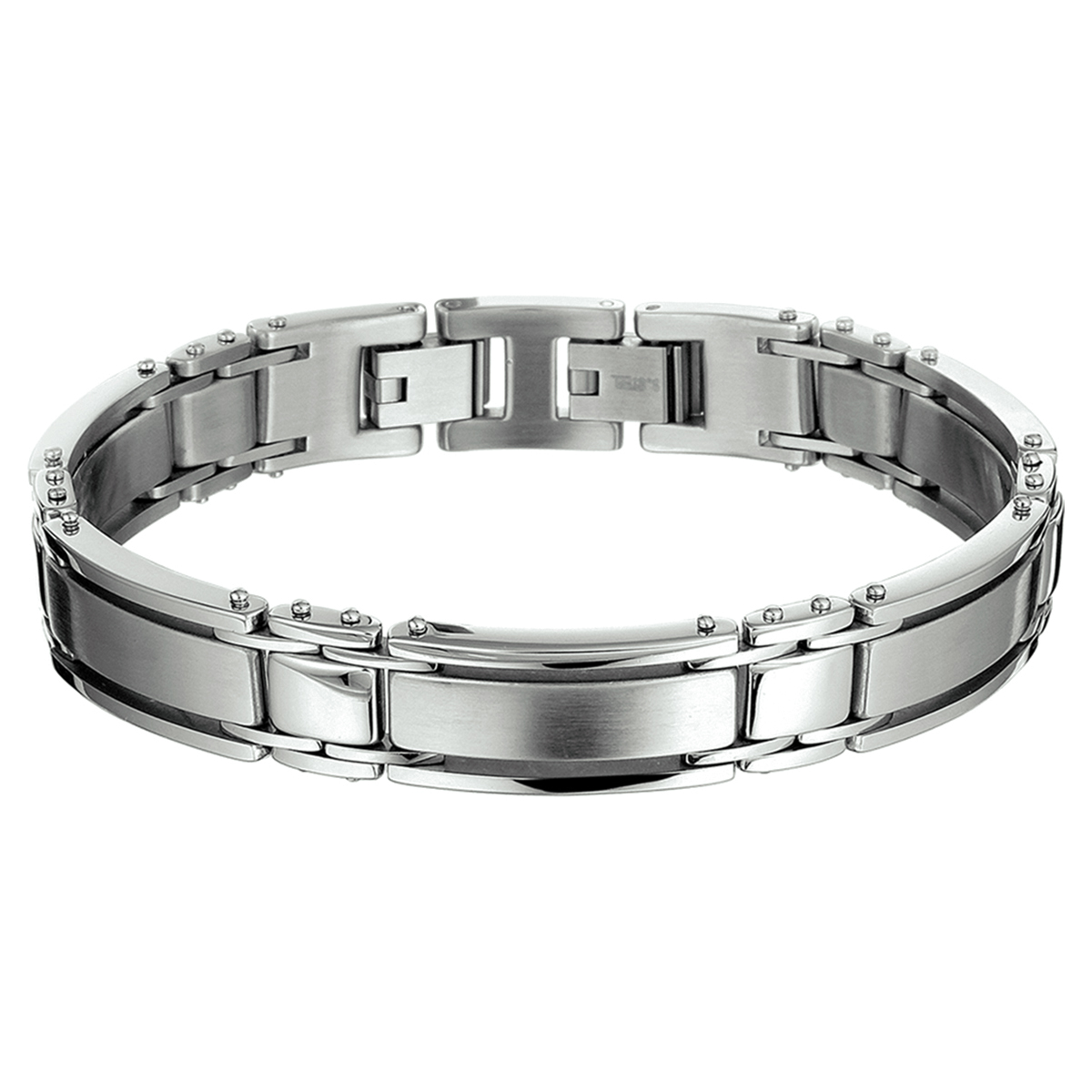 Beschrijving: Stalen armband met een poli/matte afwerking. 
Verpakt per: 1
Doelgroep: heren
Breedte: 11 mm
Langste lengte: 21 mm