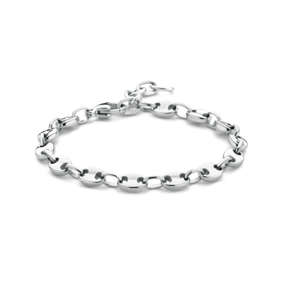 Stalen armband uitgevoerd met een karabijnsluiting. De armband heeft een schakelbreedte van 5.8mm en een draaglengte van 16cm met een extensie van 3cm.