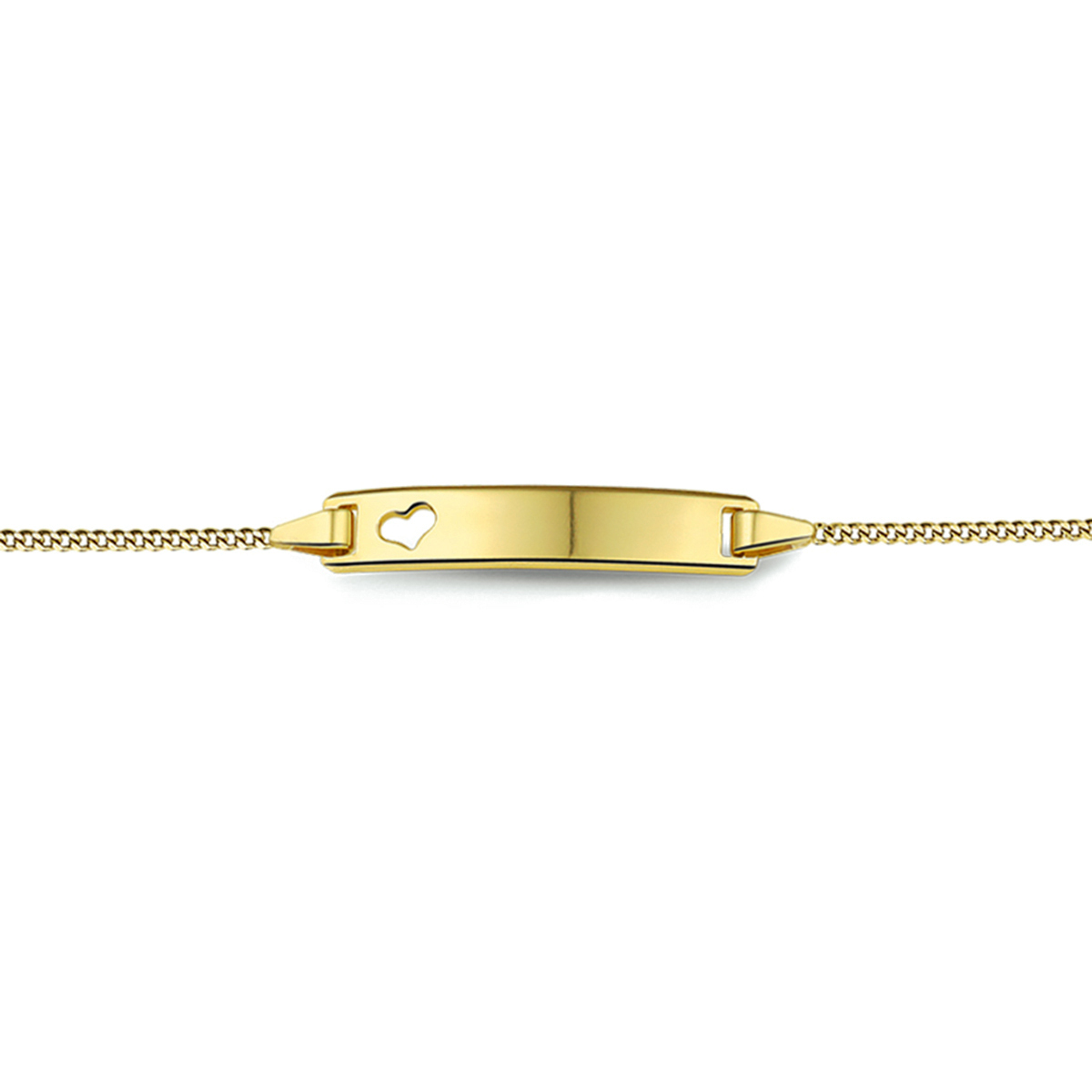Beschrijving: 9 Krt. graveerarmband met een poli afwerking en een gestanst hartje. De lengte van de armband bedraagt 16cm met 2cm extensie. 
Uniekenummer serie: 27260
Verpakt per: 1
Doelgroep: meisjes
Breedte: 25 mm
Kortste lengte: 16 mm
Langste lengte: 18 mm
Hoogte: 5 mm