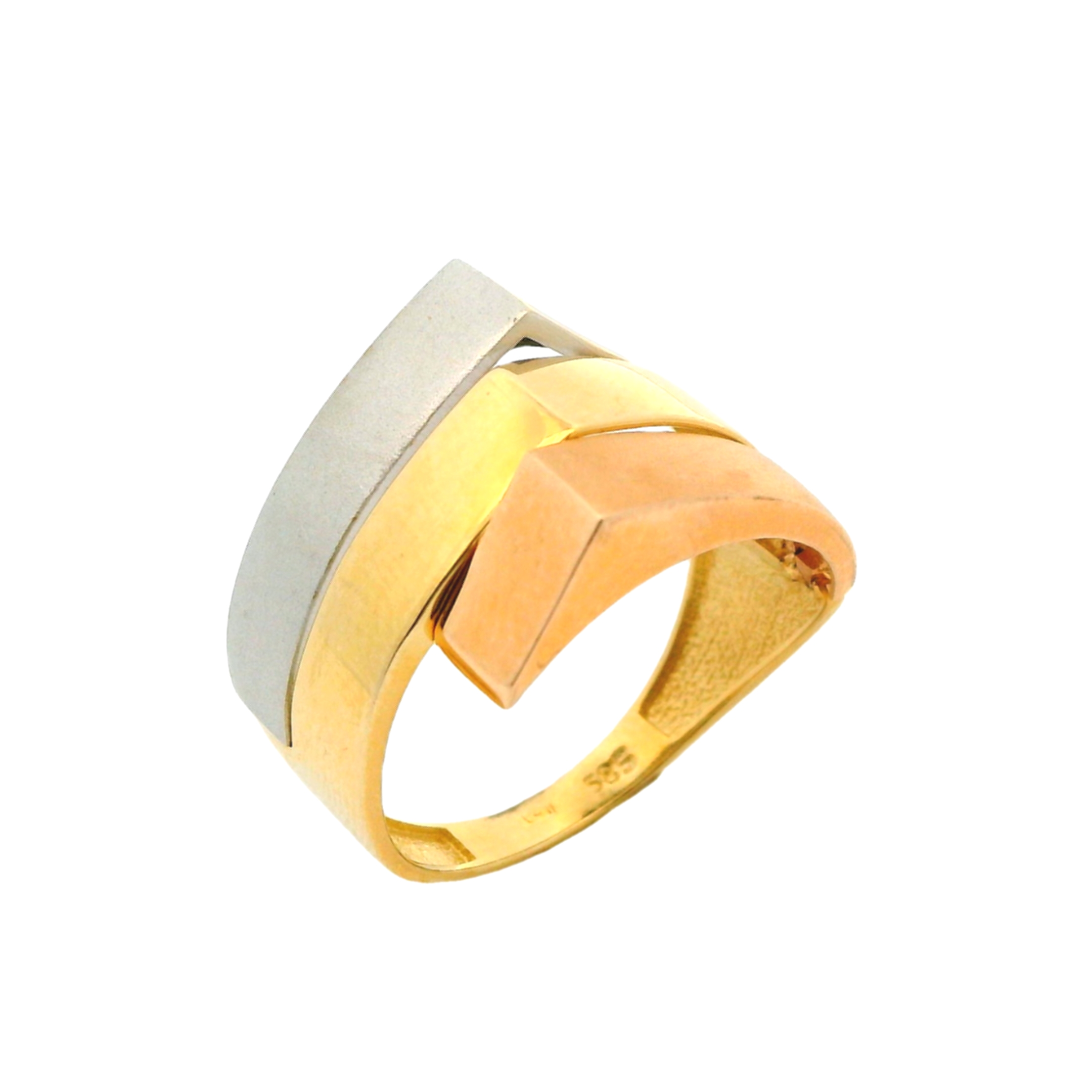 Deze ring van Louis Bros is vervaardigd uit 14 karaat tricolor (3.57 gr.).
 Deze ring met een mooi design is een elegante keuze voor iedereen die houdt van verfijnde sieraden. Deze bijzondere ring combineert drie soorten goud - geel, wit en roségoud - tot een harmonieuze en stijlvolle creatie. Het unieke ontwerp speelt met kleuren en materialen, waardoor de ring een opvallend en tijdloos sieraad wordt. Ideaal voor speciale gelegenheden of als dagelijks accessoire, voegt deze tricolor gouden ring een vleugje luxe toe aan elke outfit.
De ring is verkrijgbaar in meerdere afmetingen.