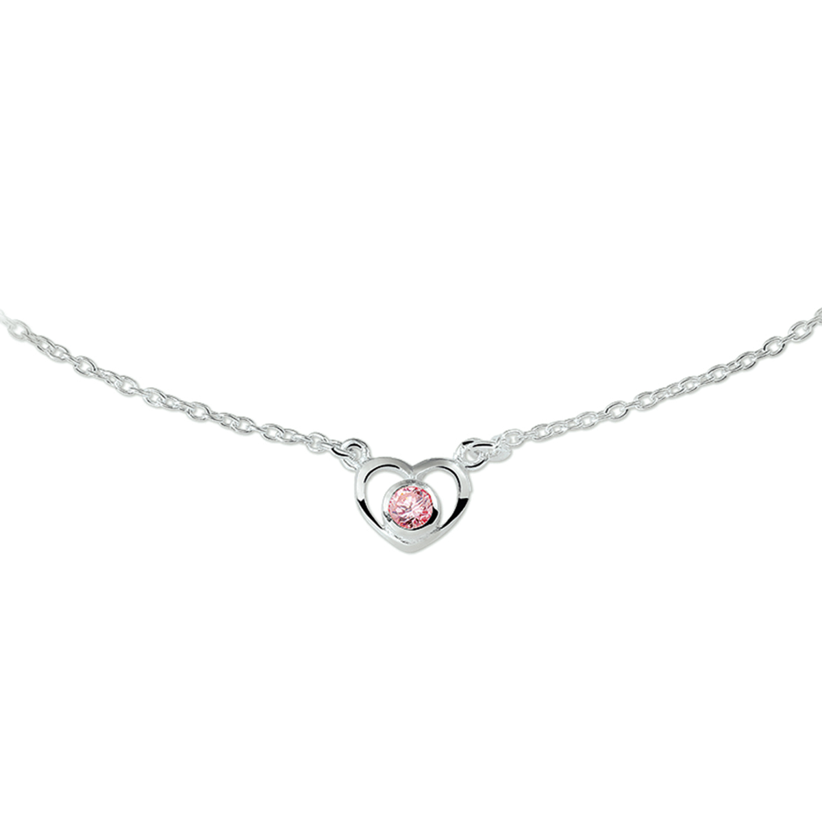 Zilveren collier met open hart en roze zirkonia. Het collier is onderdeel van een set. De lengte van het collier bedraagt 36cm met 2cm extensie. De schakelbreedte bedraagt 1.5mm.