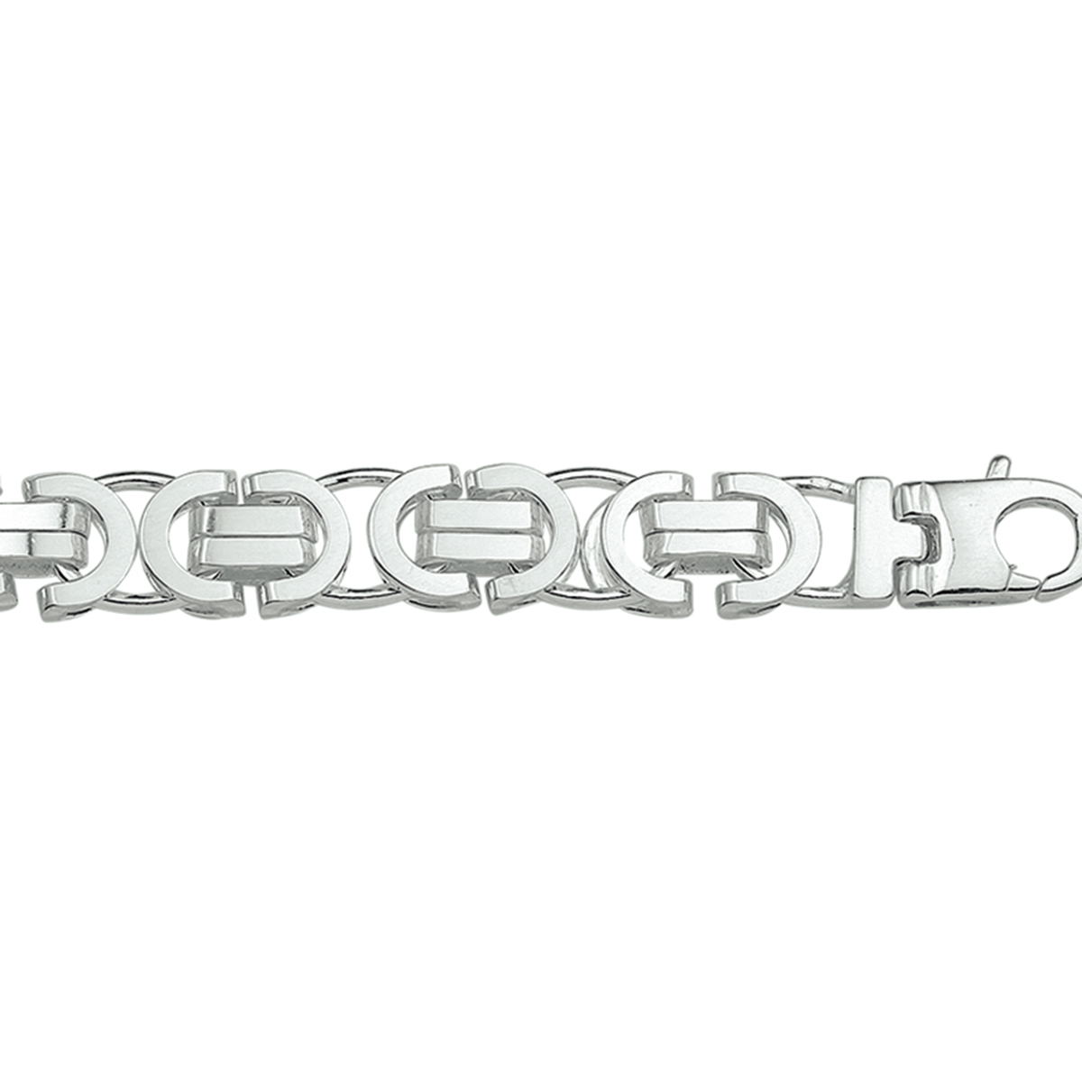 Zilveren lengte artikel met platte konings schakel. De schakelbreedte is 7.5mm.
