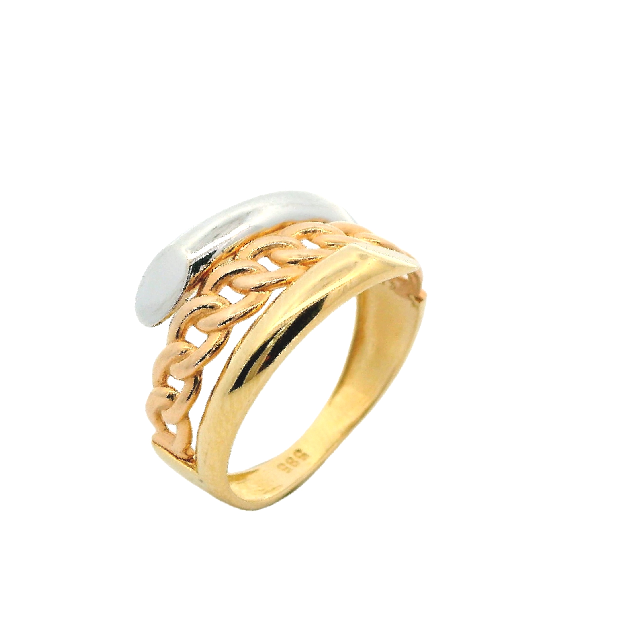 Deze ring van Louis Bros is vervaardigd uit 14 karaat tricolor (2.68 gr.).
 Deze ring met een mooi design is een elegante keuze voor iedereen die houdt van verfijnde sieraden. Deze bijzondere ring combineert drie soorten goud - geel, wit en roségoud - tot een harmonieuze en stijlvolle creatie. Het unieke ontwerp speelt met kleuren en materialen, waardoor de ring een opvallend en tijdloos sieraad wordt. Ideaal voor speciale gelegenheden of als dagelijks accessoire, voegt deze tricolor gouden ring een vleugje luxe toe aan elke outfit.
De ring is verkrijgbaar in meerdere afmetingen.