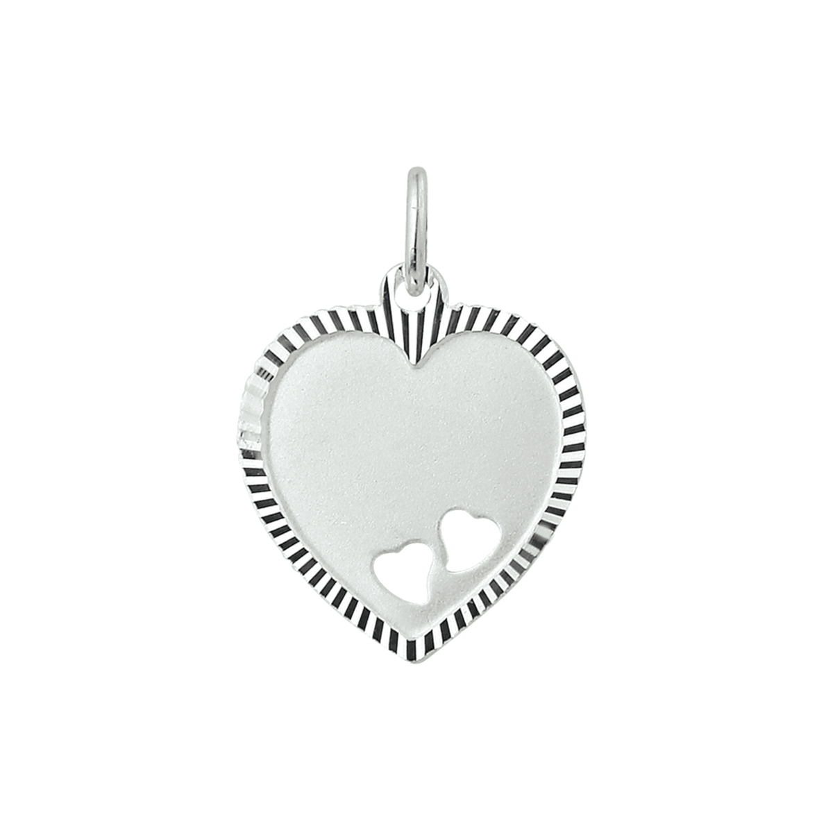 Graveerhanger hartje, met 2 uitgestanste hartjes.
Breedte: 17 mm. Hoogte: 18 mm.