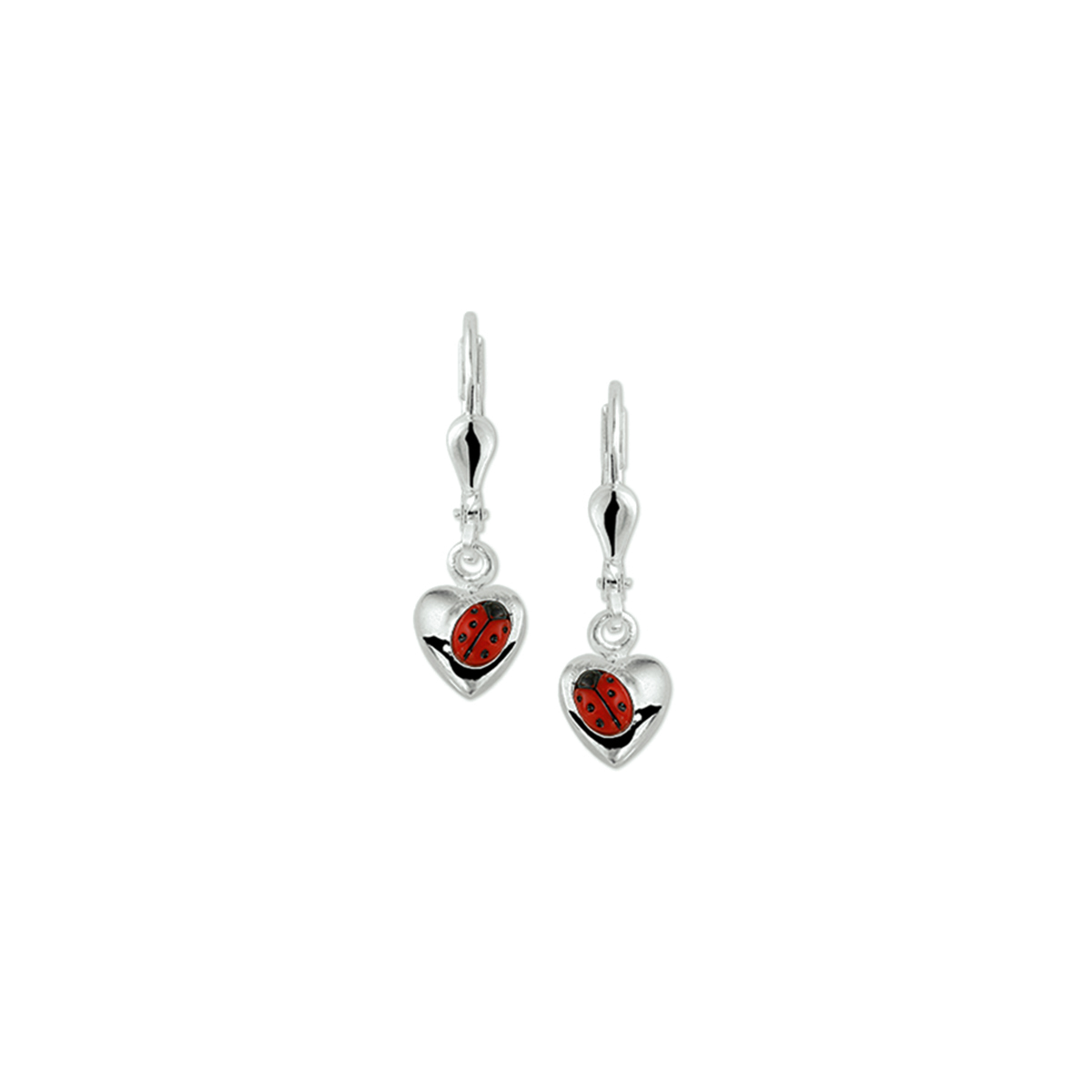 Beschrijving: Zilveren oorhangers met een hart en een lieveheersbeestje. 
Doelgroep: kinderen
Breedte: 4 mm
Hoogte: 3 mm