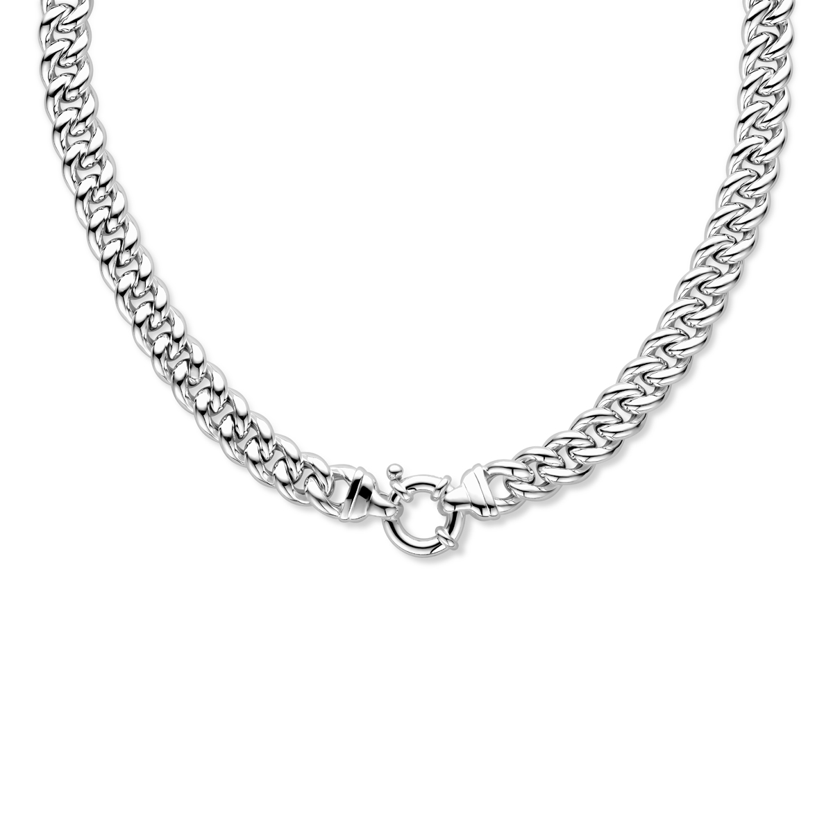 Beschrijving: Zilveren collier met gourmet schakel. 
Verpakt per: 1
Doelgroep: dames
Breedte: 11 mm
Langste lengte: 45 mm