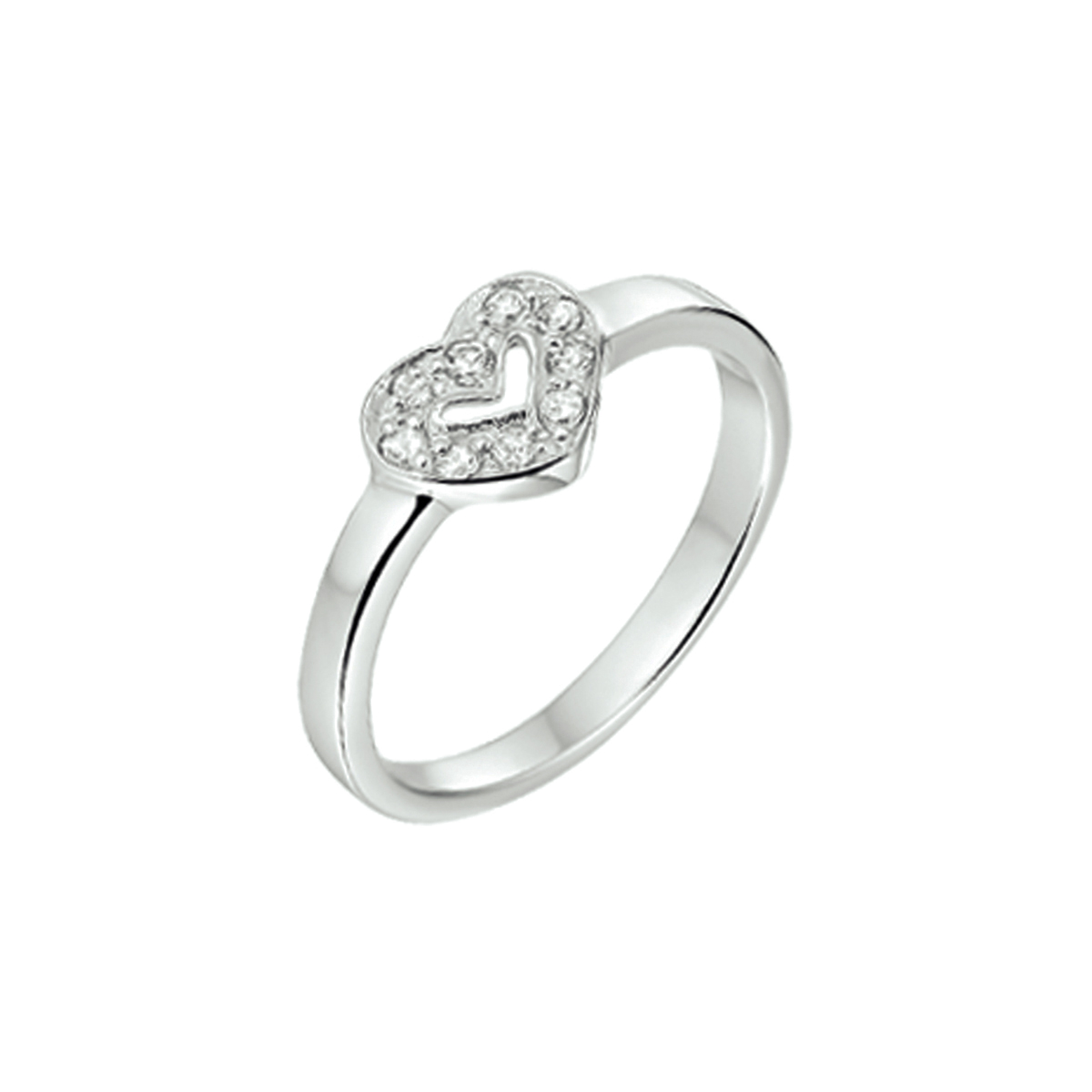 Beschrijving: Gerhodineerd zilveren ring met een hart van zirkonia. 
Uniekenummer serie: 26562
Verpakt per: 1
Doelgroep: meisjes
Ringmaat: 16.50 mm (52)
Zetting: entourage (rijzetting)