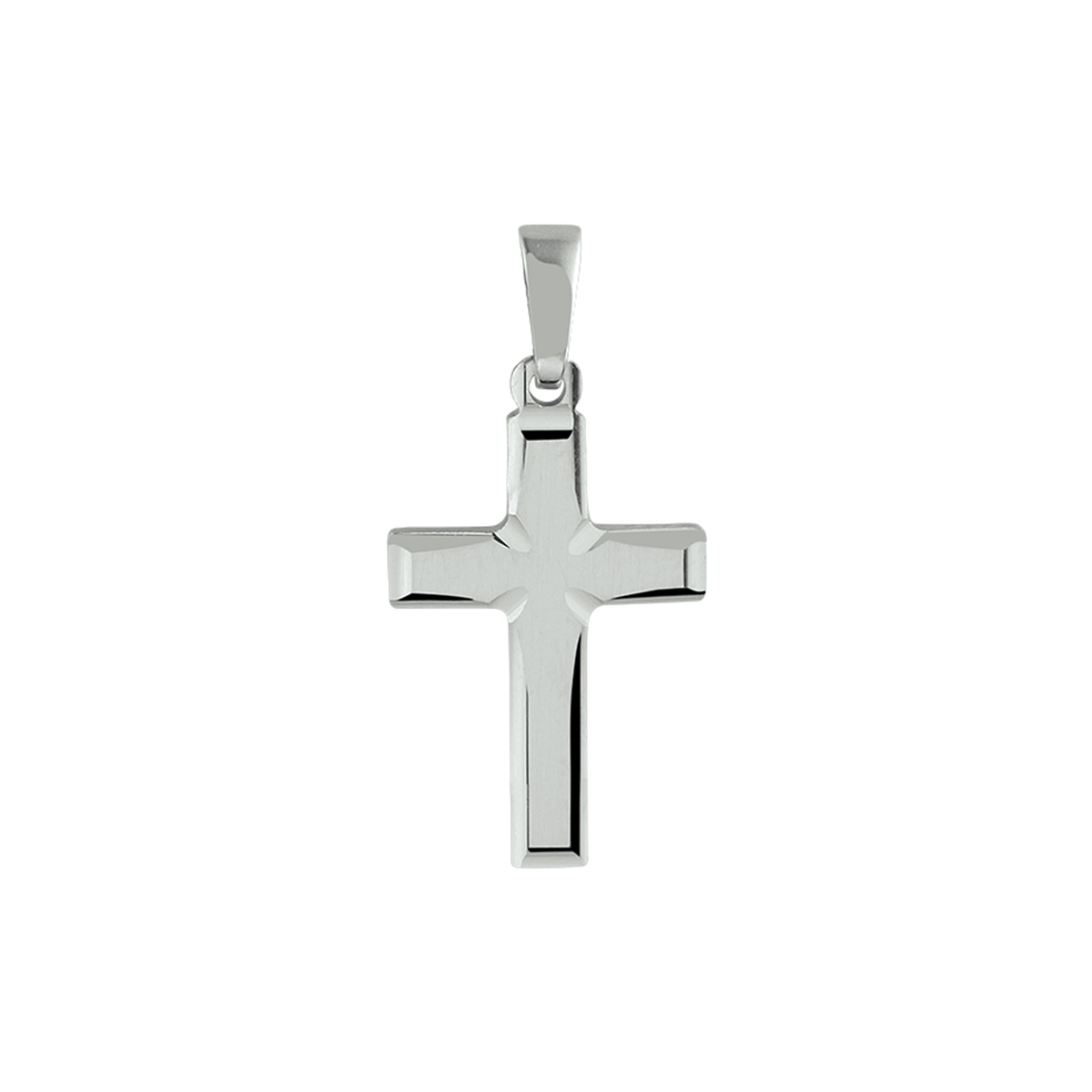 Beschrijving: Gerhodineerd zilveren hanger in de vorm van een kruis. Het kruis heeft een afmeting van 18.5x12mm.