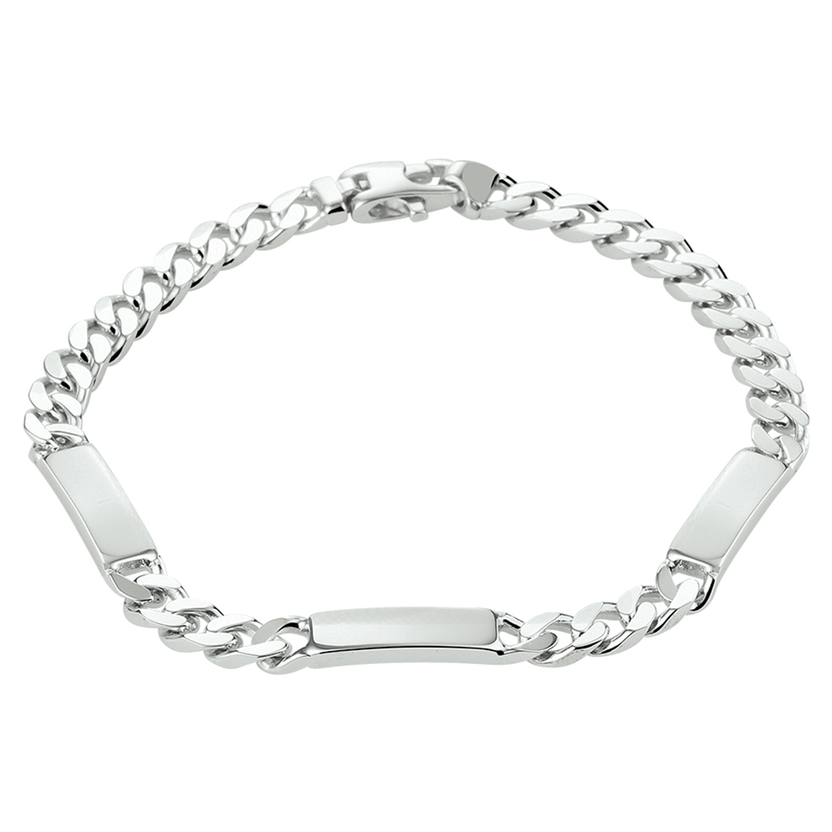 Zilveren armband in gourmetschakel met 3 plaatjes, deze kunnen gegraveerd worden. De breedte is 5mm en lengte 20cm
