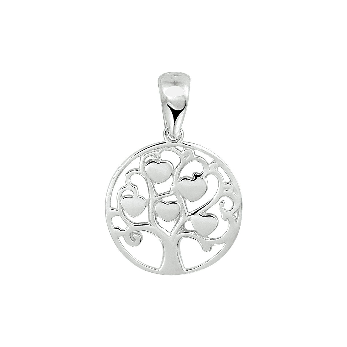 Gerhodineerd 925 zilveren hanger uitgevoerd met een levensboom en hartjes. De hanger heeft een totale hoogte van 2.3cm en een breedte van 15.5mm.