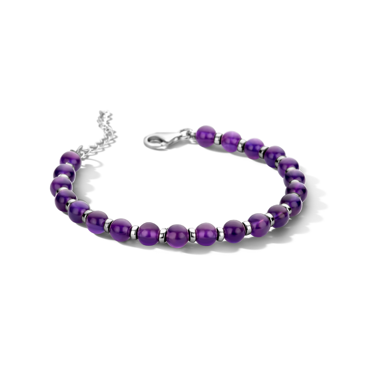 Gerhodineerd 925 zilveren armband met amethyst stenen. De armband heeft een draaglengte van 16cm en een extensie van 3cm.