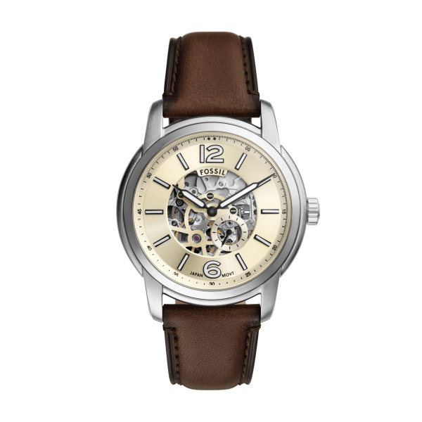 Fossil horloge, automaat, bruin lederen band, stalen kast, lichte wijzerplaat