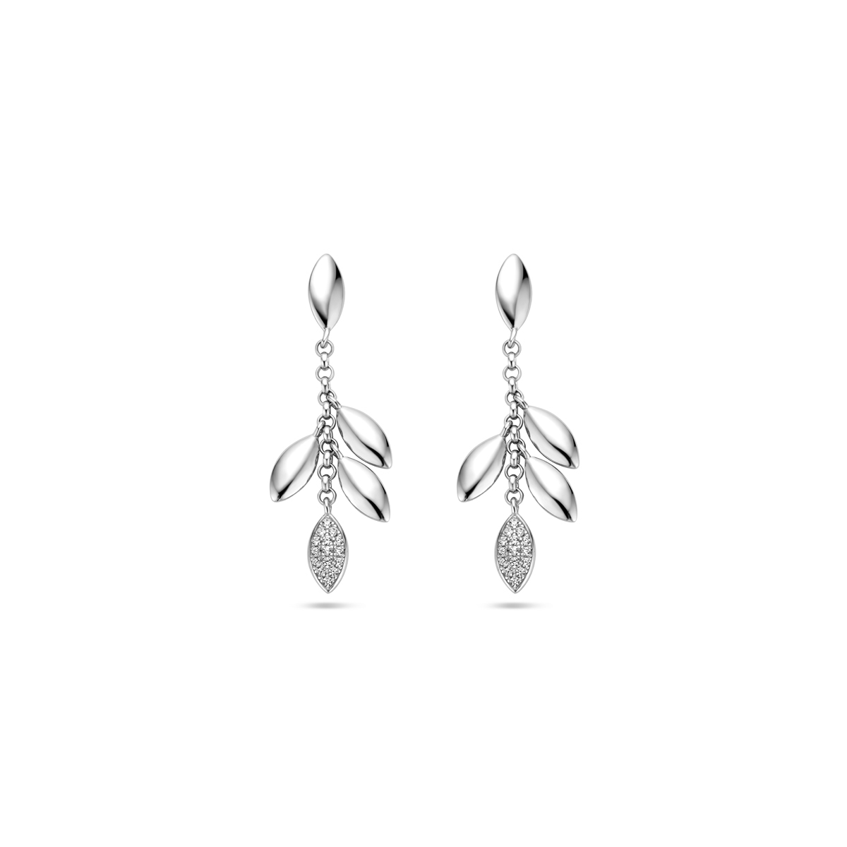 Zilver gerhodineerde oorhangers, blaadjes waarvan 1 met zirkonia.