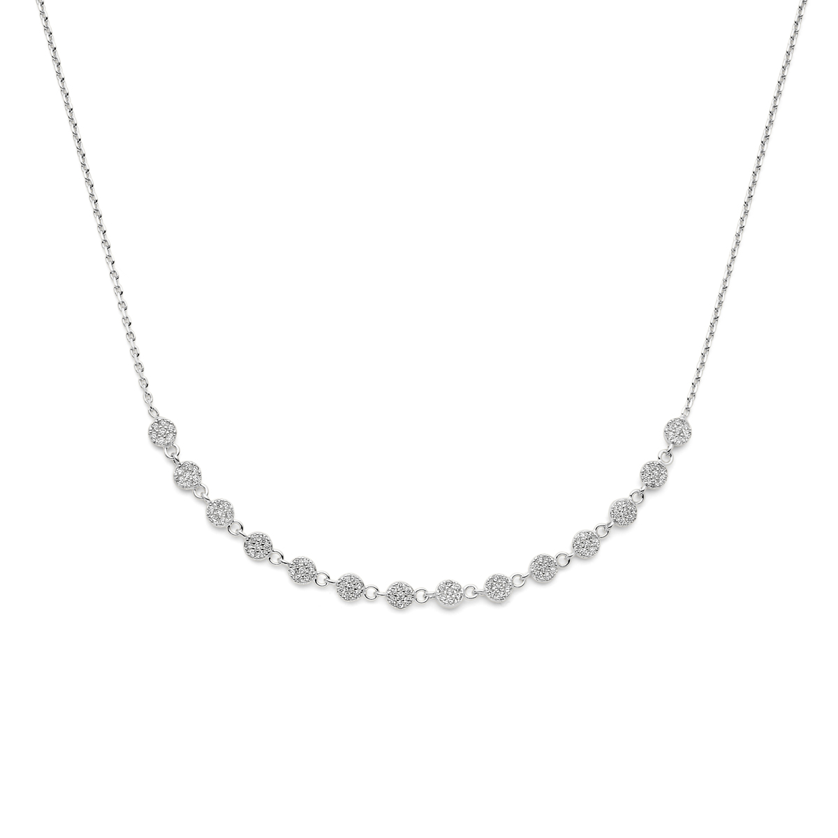 Gerhodineerd 925 zilveren collier uitgevoerd met zirkonia. Het collier heeft een draaglengte van 40cm en een extensie van 5cm. De schakelbreedte is 1.3mm. Uitgevoerd met een karabijn sluiting.