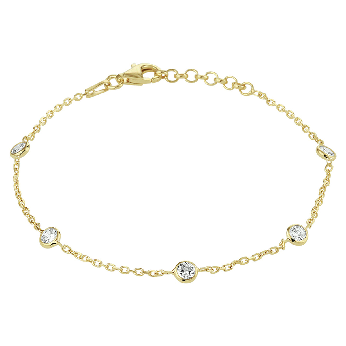 Geelgoud op 925 zilveren armband uitgevoerd met een schitterende zirkonia en een stevige karabijn sluiting. De armband heeft een draaglengte van 17cm met een extensie van 2cm. De schakelbreedte is 1.5mm. Geen garantie op plating.