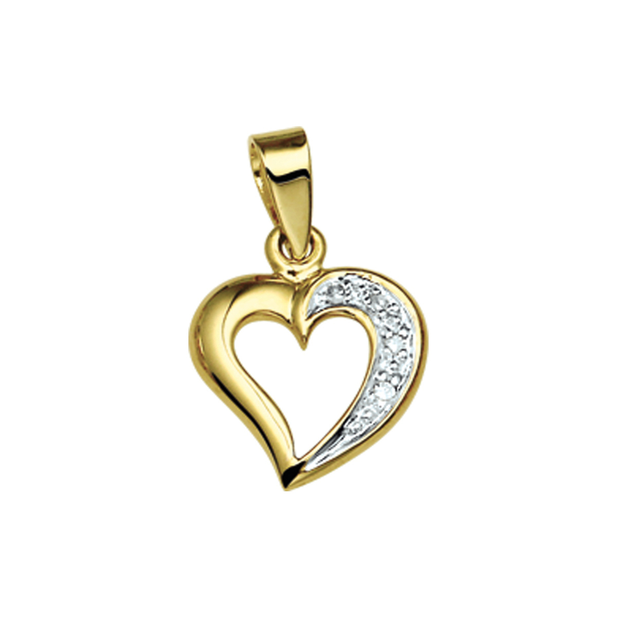 Beschrijving: Geelgouden hanger met een hart en diamant. 
Verpakt per: 1
Doelgroep: dames
Breedte: 10 mm
Hoogte: 12 mm