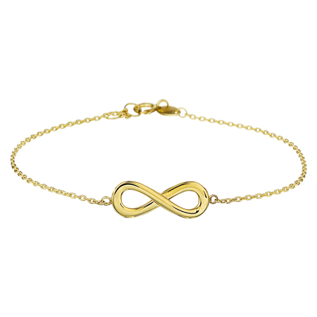 Beschrijving: Infinity is het symbool van nu. Dit fijne armbandje kan daarom echt niet ontbreken in jouw sieraden-stash! Details: Geelgouden armband met een infinity teken. De lengte van de armband bedraagt 17.5cm met 1cm extensie. De schakelbreedte bedraagt 1.0mm. De armband is onderdeel van een set. 
Verpakt per: 1
Doelgroep: dames
Breedte: 7 mm
Kortste lengte: 17.5 mm
Langste lengte: 18.5 mm
Hoogte: 19 mm