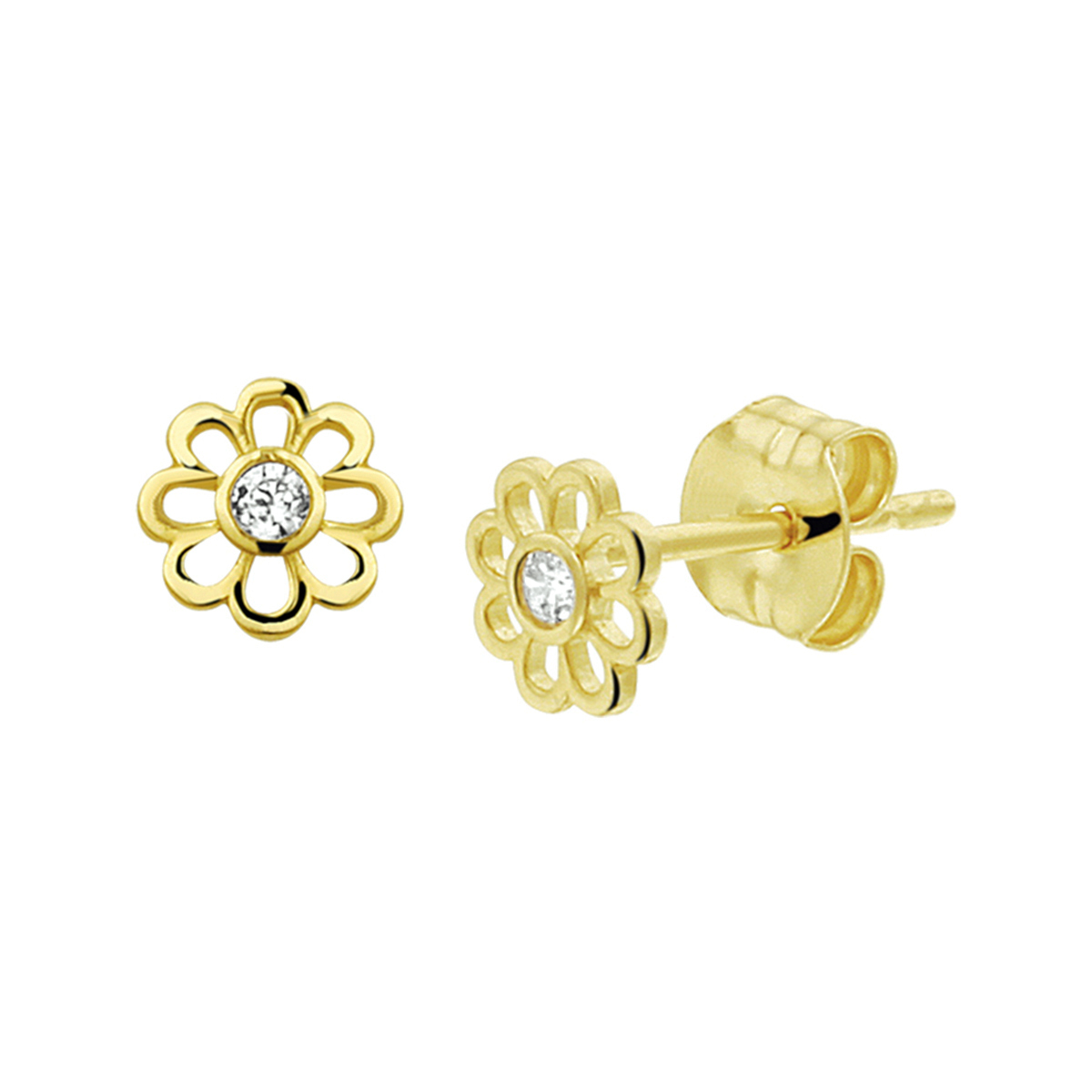 Beschrijving: Geelgouden oorknoppen in de vorm van een bloem met een diameter van 5mm en uitgevoerd met een briljant geslepen zirkonia in een zetkast.
Doelgroep: dames
Breedte: 5 mm
Hoogte: 5 mm