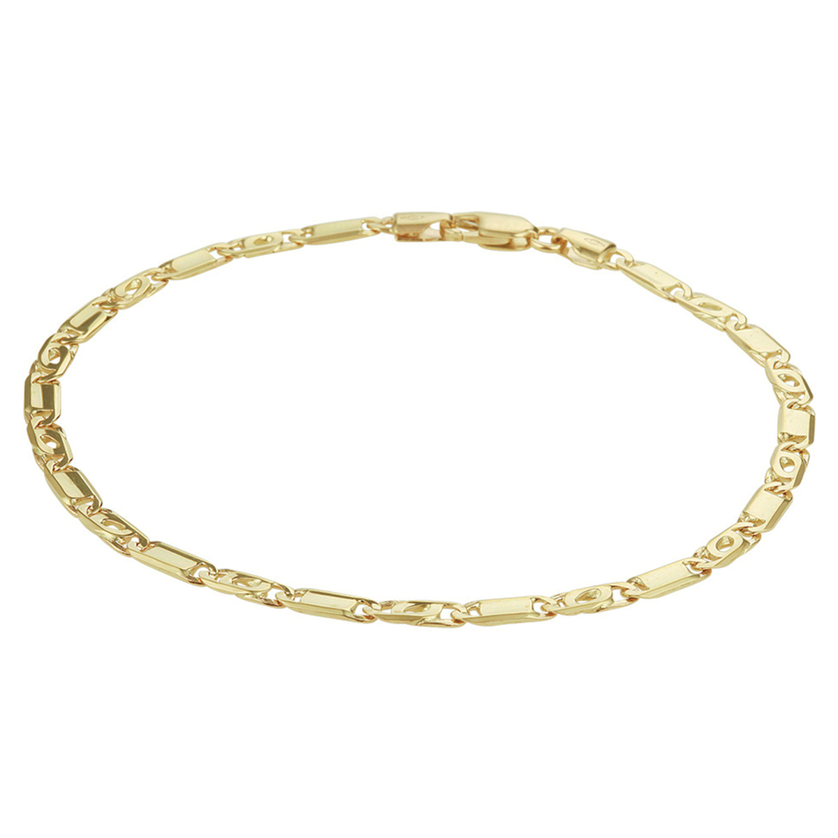 Geelgouden armband met een valkenoog schakel. De armband heeft een draaglengte van 21.5cm en is uitgevoerd met een karabijn sluiting.