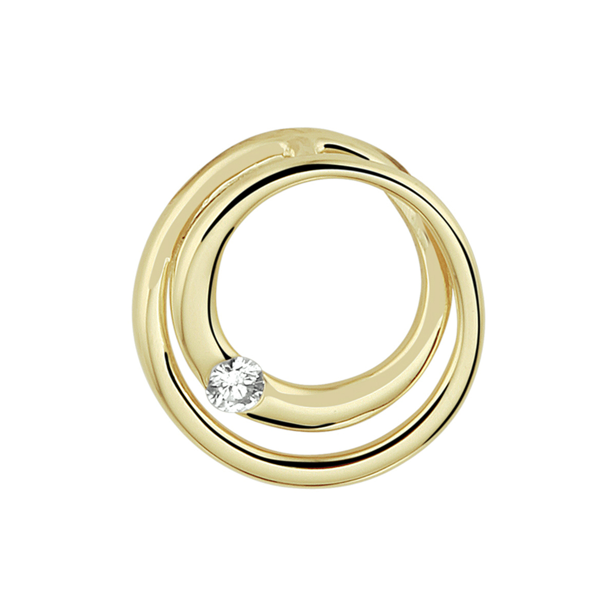 14k Geelgouden hanger uitgevoerd met een schitterende diamant. De hanger heeft een diameter van 13mm.