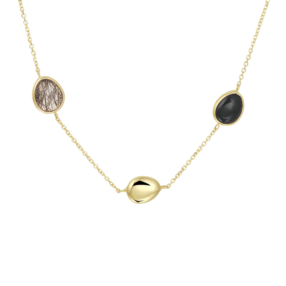 14k Geelgouden collier uitgevoerd met schitterend zwart rutiel en onyx. Het collier heeft draaglengtes van 42 en 45 cm. Uitgevoerd met een stevige karabijn sluiting.