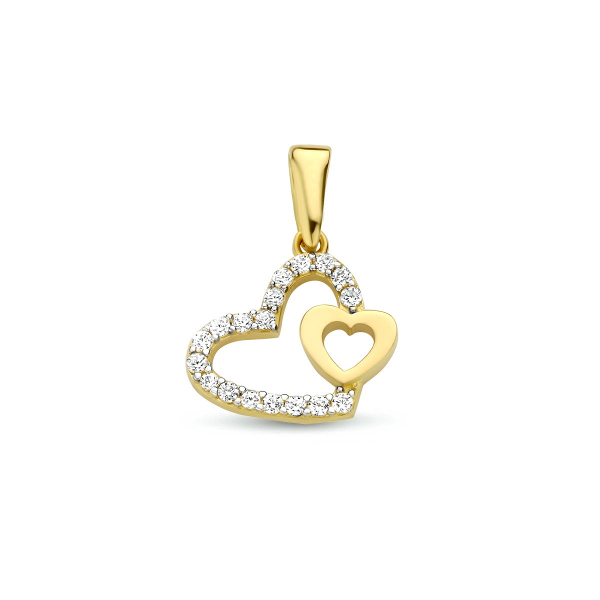 14k Geelgouden harthanger uitgevoerd met een schitterende zirkonia rij. De hanger heeft een totale hoogte van 1.7cm en een breedte van 11mm.