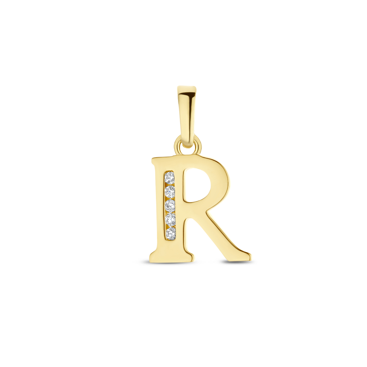 14k Geelgouden hanger in de vorm van een letter. Uitgevoerd met heldere zirkonia.