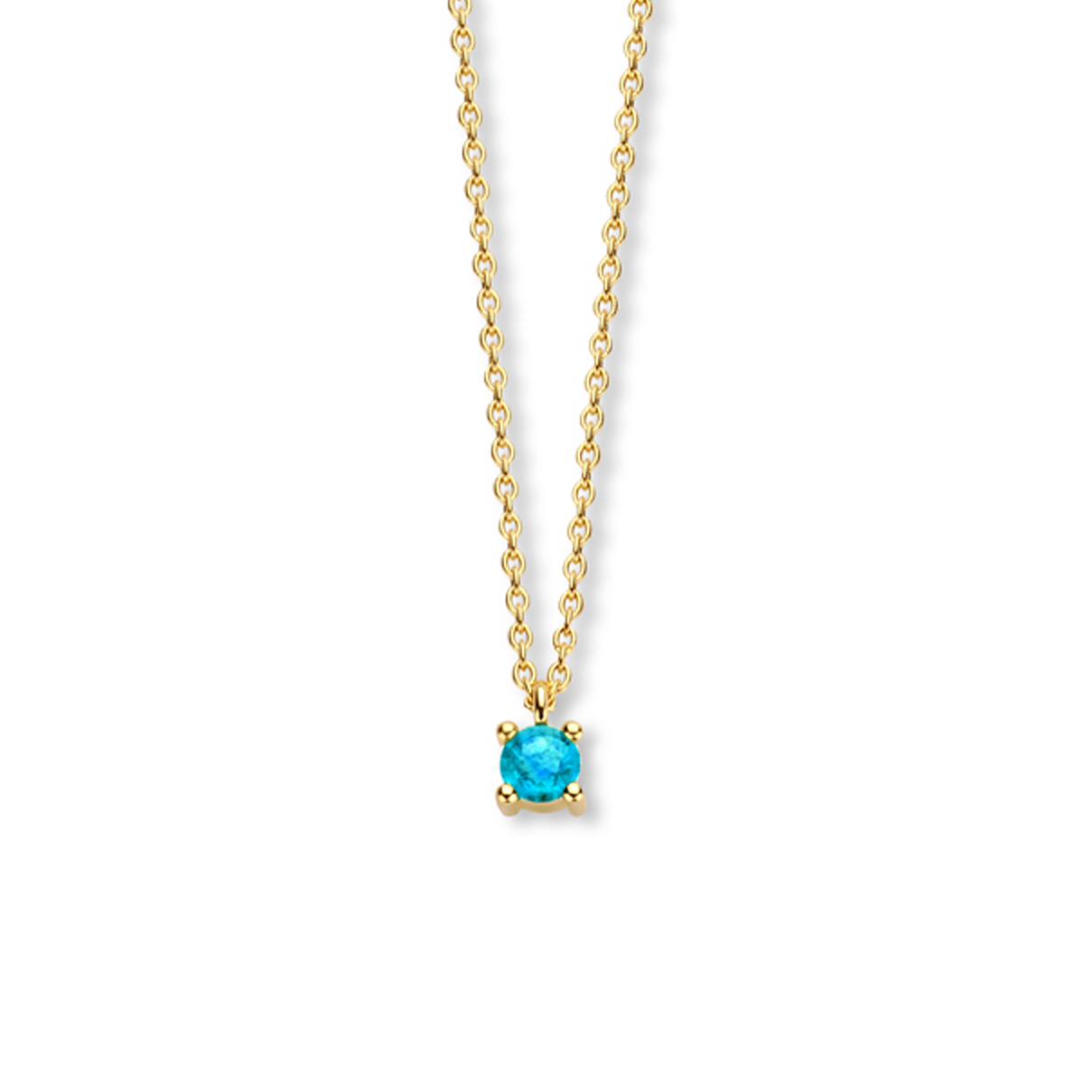 14k Geelgouden collier met een aquamarijn geboortesteen. De aquamarijn heeft een steengewicht van 0.20ct. Het collier heeft draaglengtes van 40, 42 en 44cm. De schakelbreedte is 1.0mm.