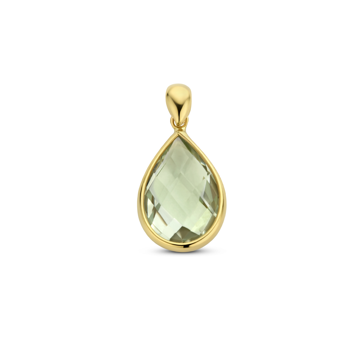 14k Geelgouden hanger uitgevoerd met een schitterende groen amethyst. De groen amethyst heeft een steengewicht van 2.10ct. De hanger heeft een afmeting van 9x15mm.