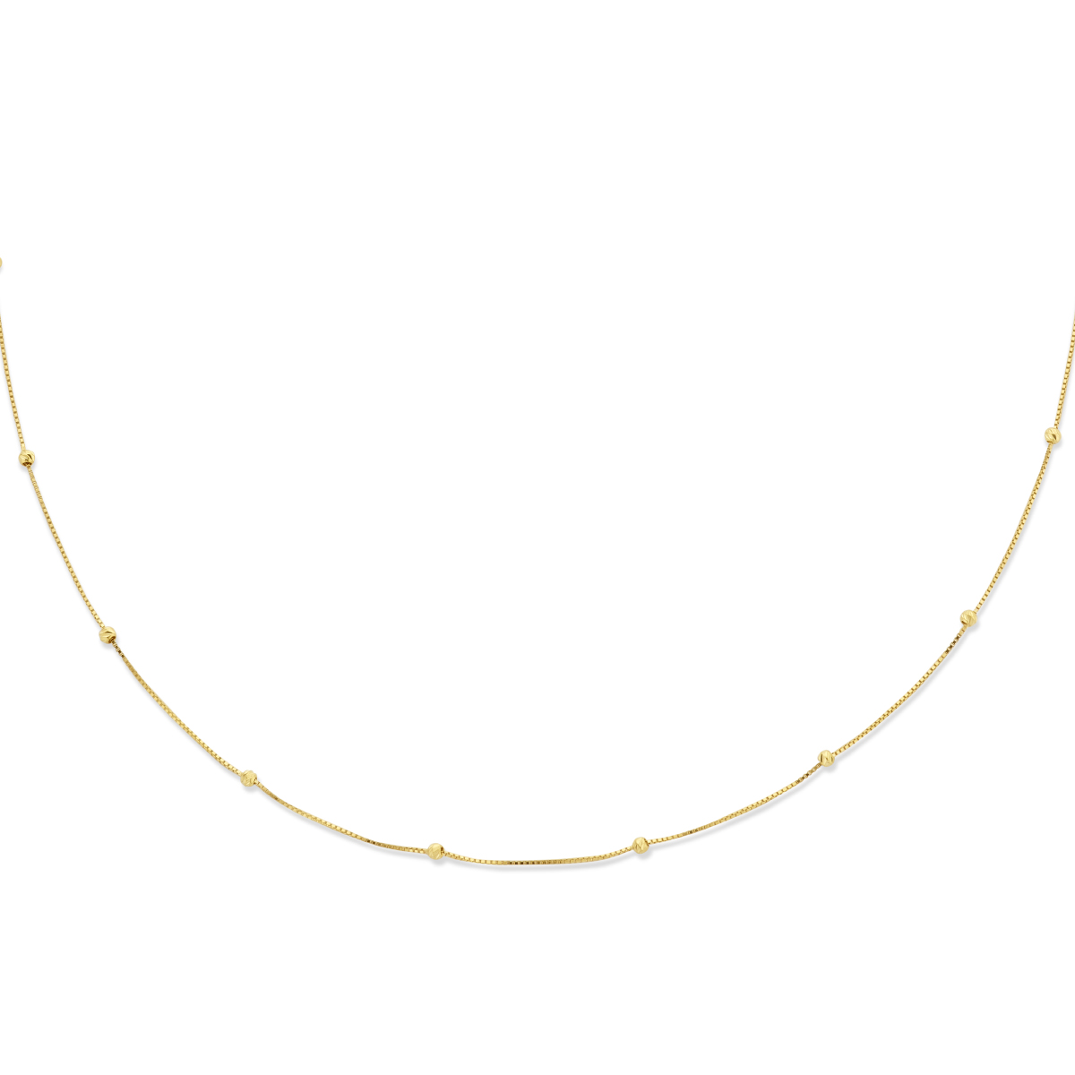 14k Geelgouden collier met bolletjes en een venetiaanse schakel. Het collier heeft draaglengtes van 42 en 45cm. De schakelbreedte is 0.5mm.