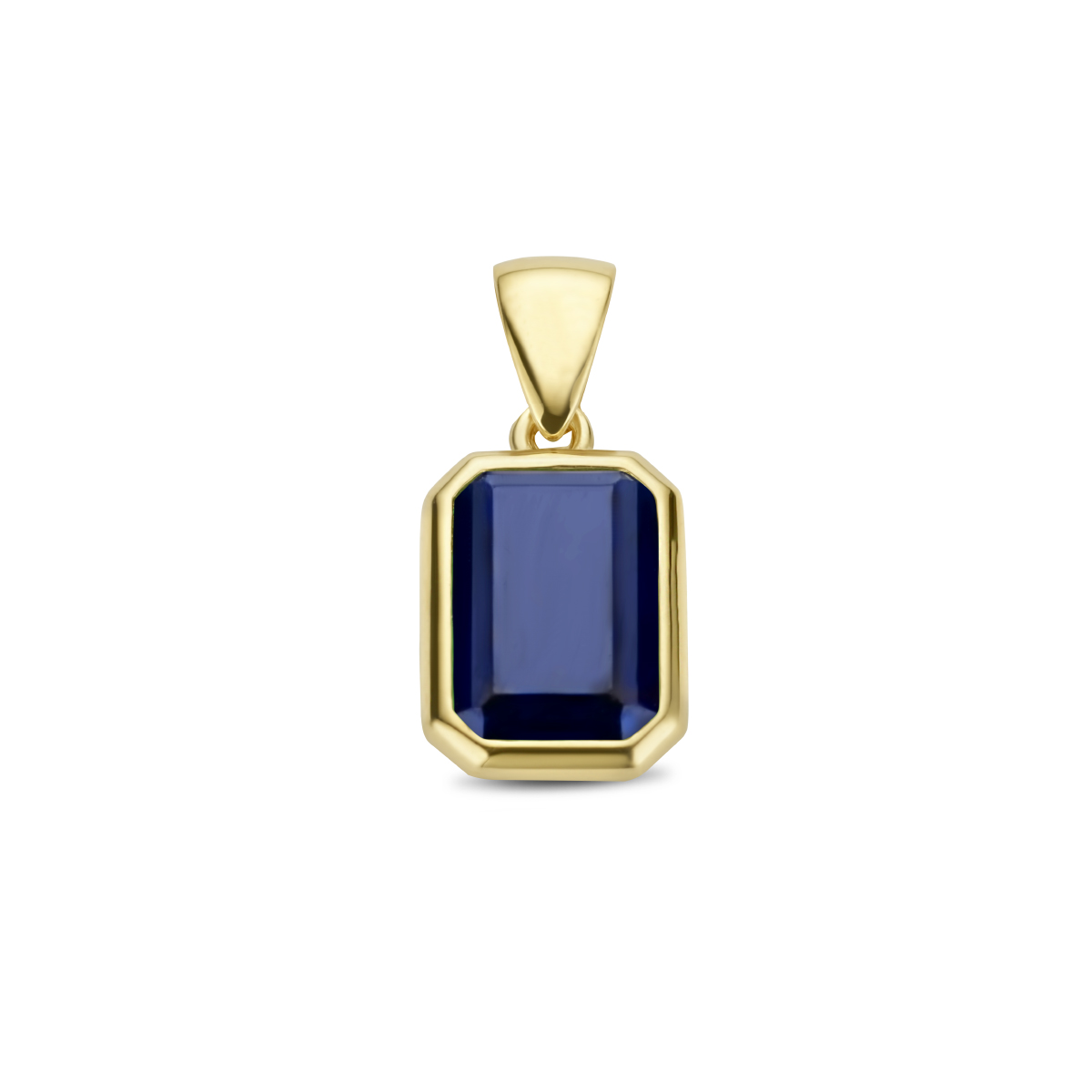 Gouden hanger fantasie rechthoek blauw zirkonia 10x6.5mm