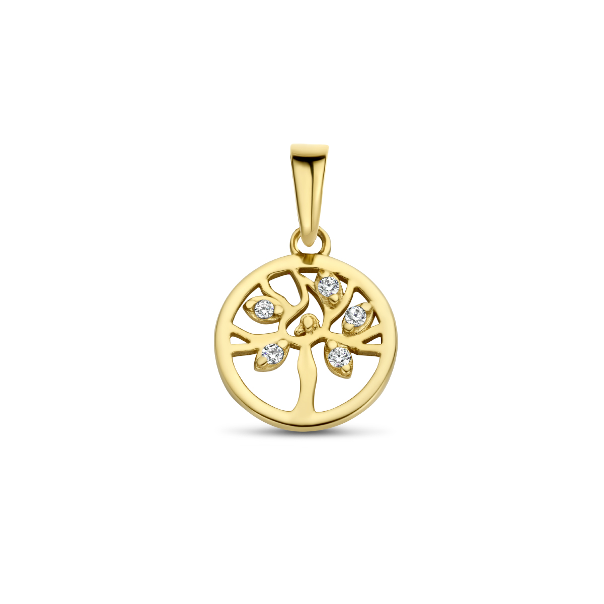 14k Geelgouden levensboom hanger met zirkonia. De hanger heeft een totale hoogte van 16mm