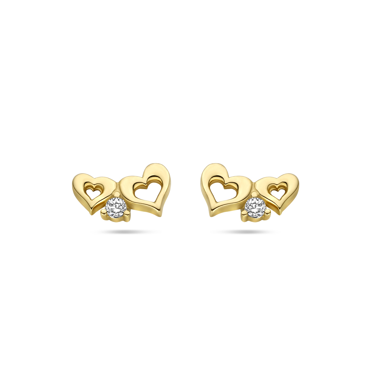 14k Geelgouden oorknoppen uitgevoerd met hartjes en zirkonia. De oorknoppen hebben een afmeting van 4x7mm.