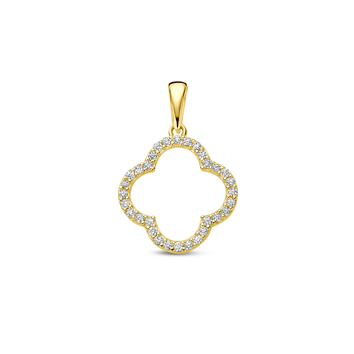 14k Geelgouden hanger in de vorm van een klavertje uitgevoerd met zirkonia.