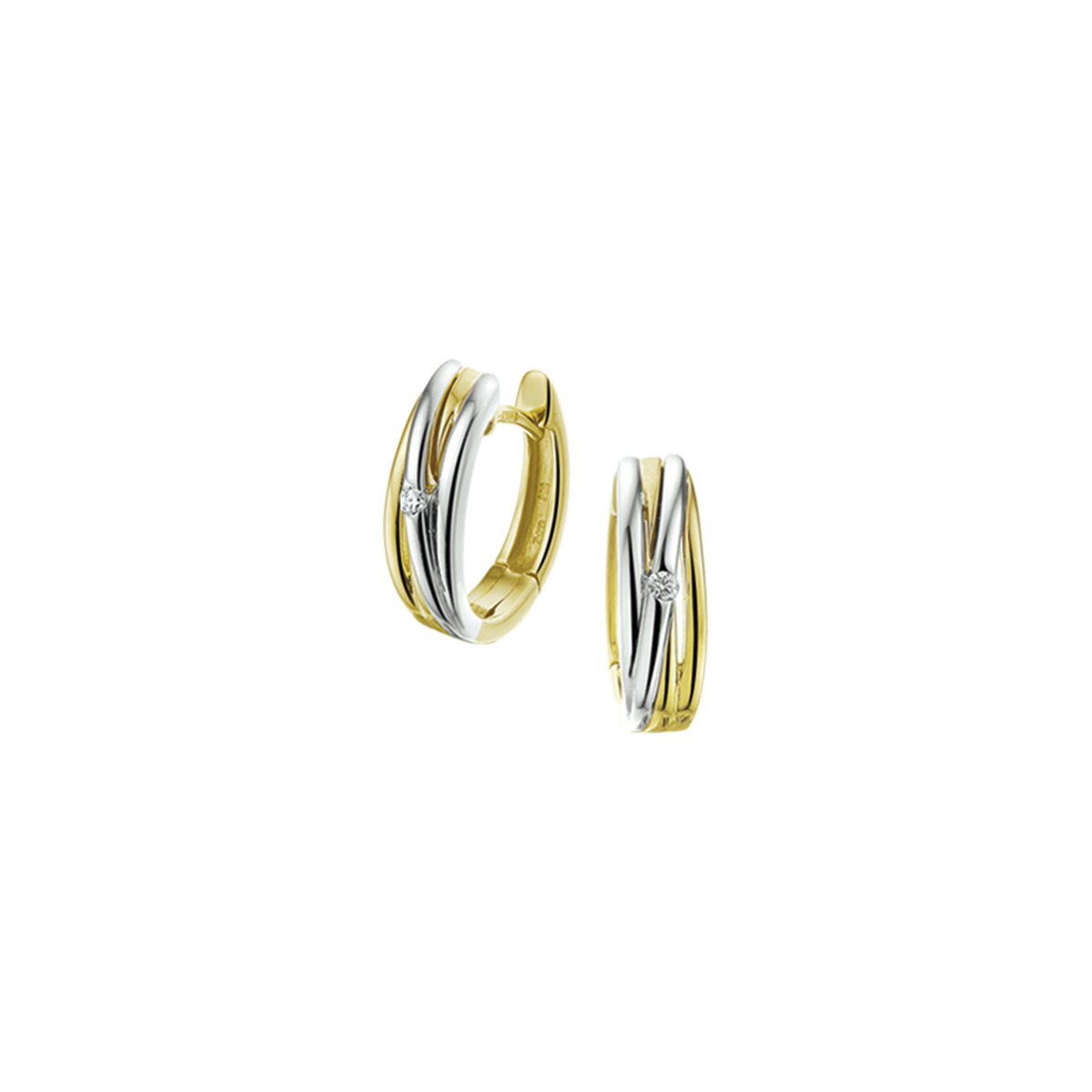 Gouden Bi Color Klapoorringen met 0.04 ct
