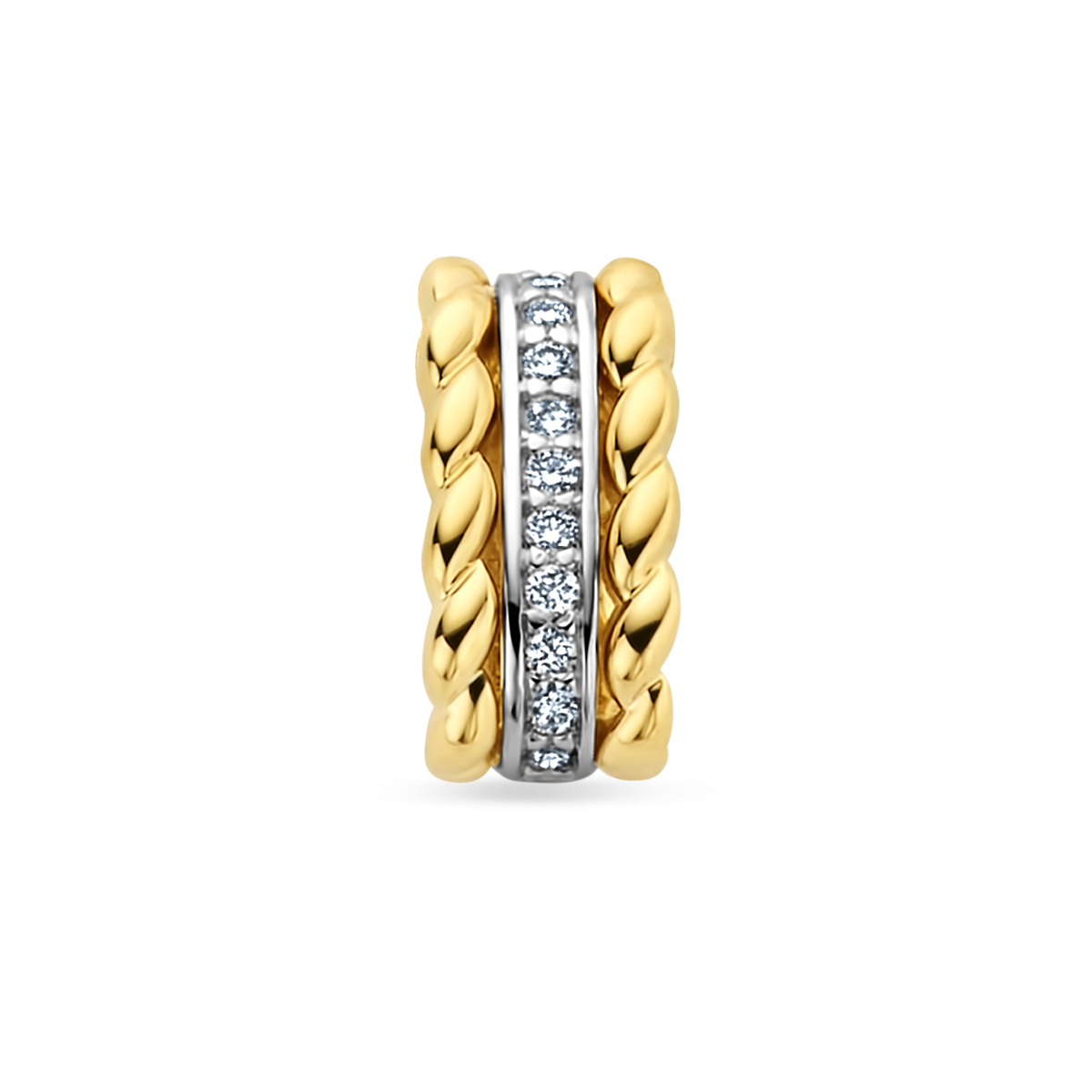 14k Bicolor geel- en witgouden hanger uitgevoerd met een diamant rij. De hanger heeft een totale hoogte van 11.5mm. Mooi met de bijpassende creolen en ring.