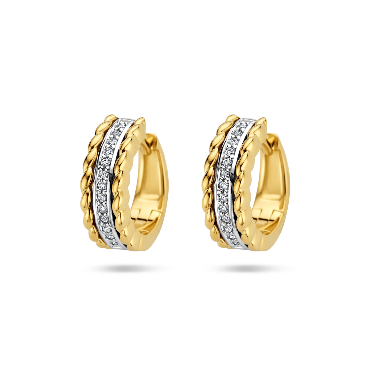 14k Bicolor geel- en witgouden klapoorringen met een diameter van 13mm. Uitgevoerd met een schitterende diamant rij.
