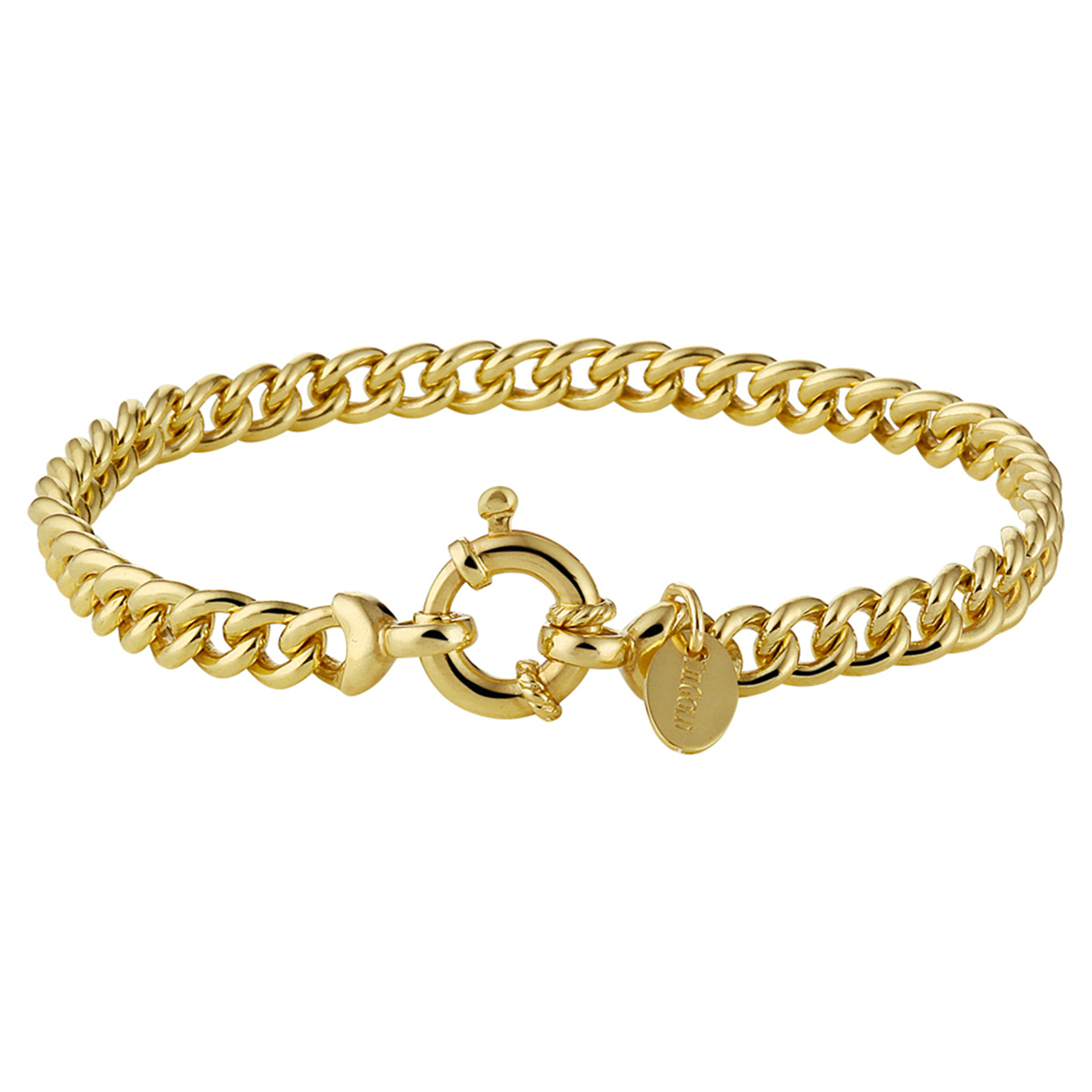 Beschrijving: Sieraden van 14 karaat goud met daarin een kern van 925 zilver. Geelgouden armband met gourmet schakel. 
Verpakt per: 1
Doelgroep: dames
Breedte: 5.5 mm
Langste lengte: 18.5 mm