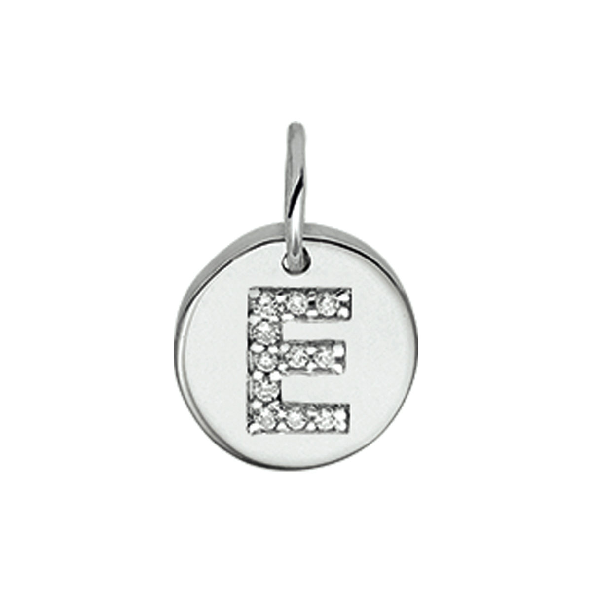 Beschrijving: Gerhodineerd zilveren bedel met de letter E en zirkonia. 
Uniekenummer serie: 35761
Verpakt per: 1
Doelgroep: unisex
Breedte: 9.5 mm
Zetting: entourage (rijzetting)
