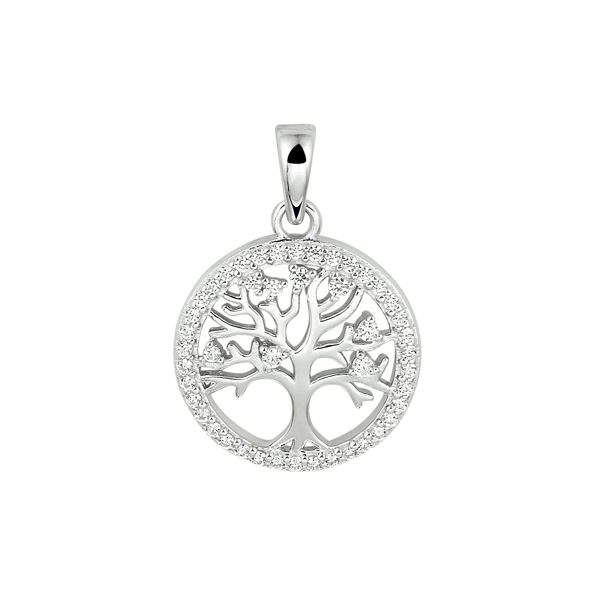 Gerhodineerd 925 zilveren hanger uitgevoerd met een levensboom en schitterend zirkonia. De hanger heeft een totale hoogte van 2cm en een diameter van 15.5mm.