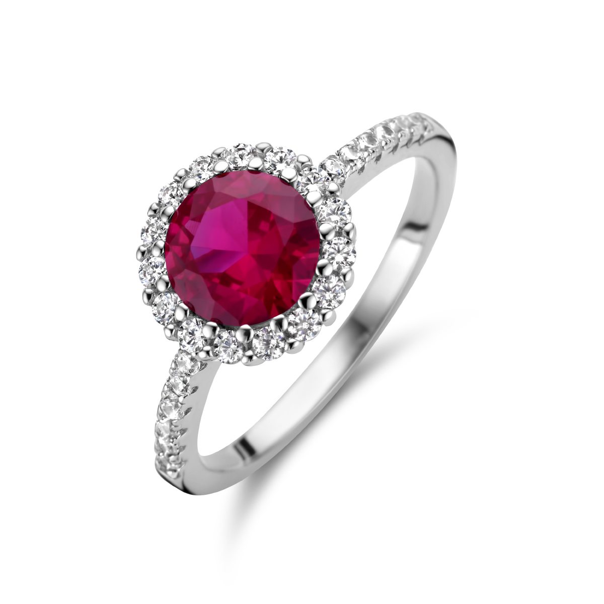 Gerhodineerd zilveren ring uitgevoerd met schitterend rood en wit zirkonia. De ring heeft een breedte van 10mm.
