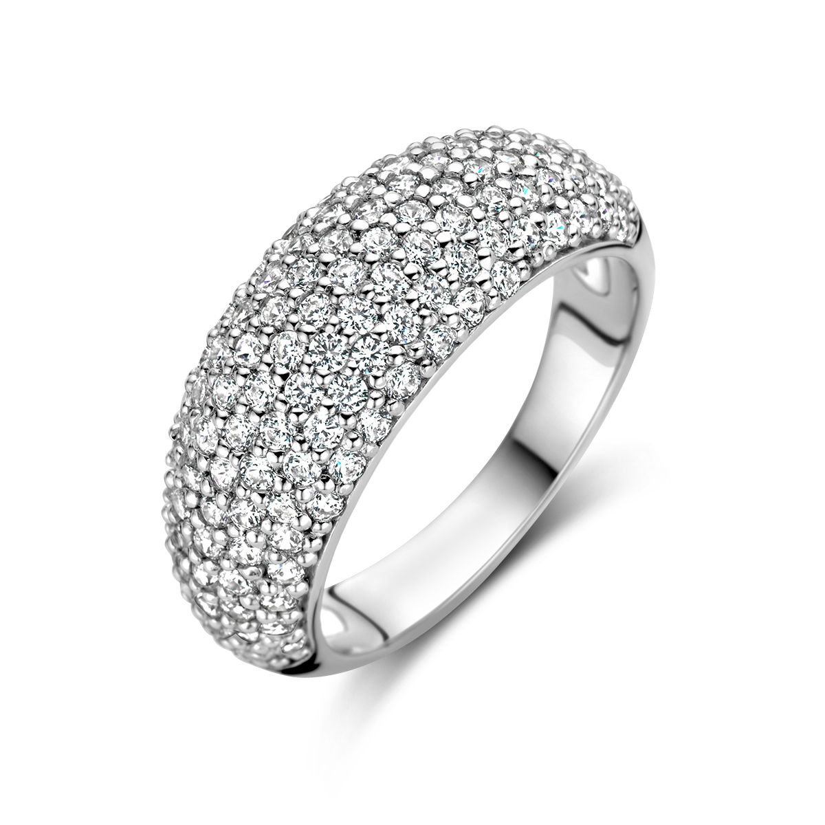Gerhodineerd 925 zilveren ring uitgevoerd met zirkonia. De ring heeft een breedte van 9mm.Maat 17,25