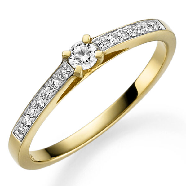 Een 14 krt geelgouden solitair ring met midden steen diamant briljant geslepen 0,09 crt en op zijbandjes 14 diamantjes briljant geslepen totaal 0.08 crt G SI.