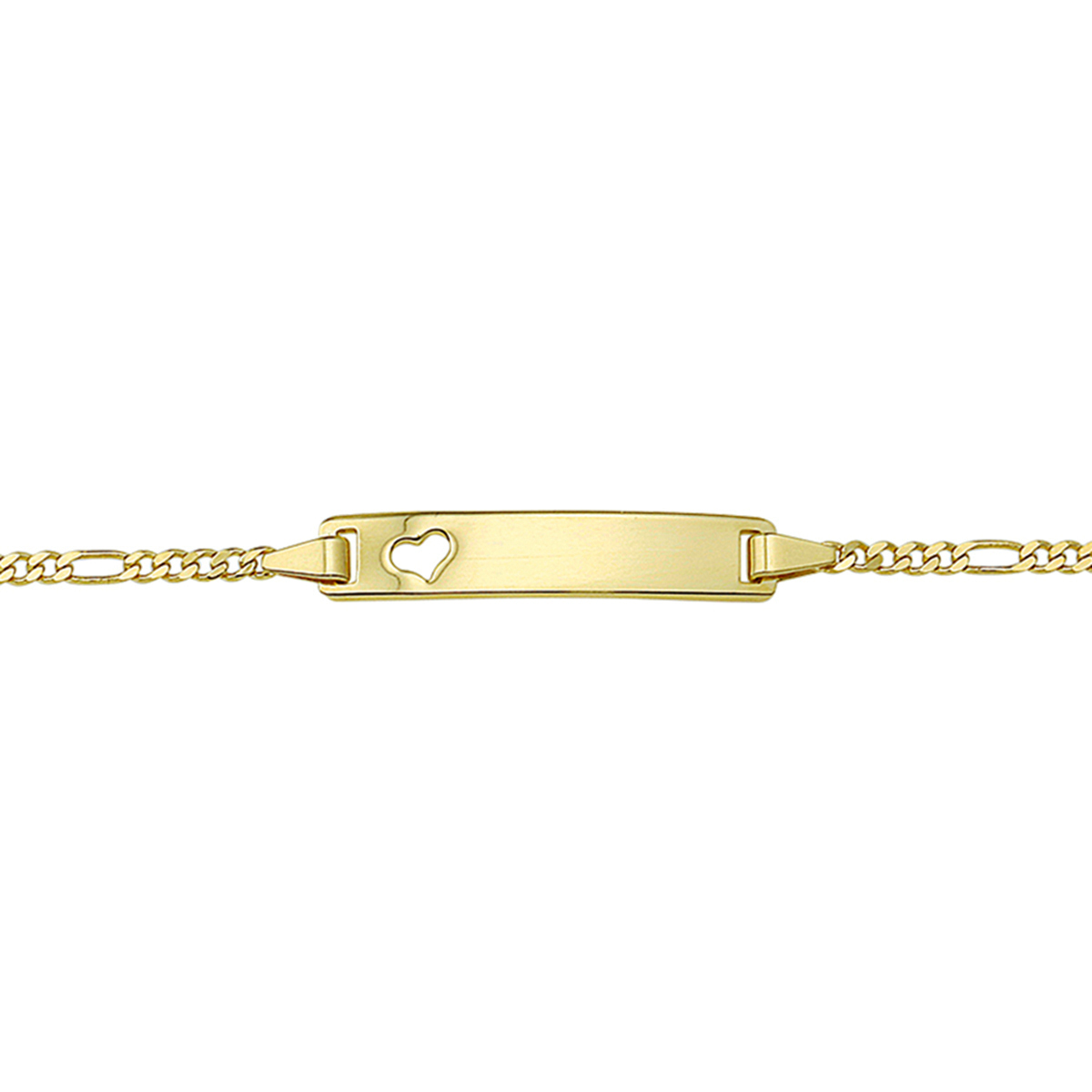 Beschrijving: Geelgouden graveerarmband met figaro schakel. De lengte van de armband bedraagt 16cm met 2cm extensie. 
Uniekenummer serie: 29528
Verpakt per: 1
Doelgroep: meisjes
Breedte: 5 mm
Kortste lengte: 16 mm
Langste lengte: 18 mm