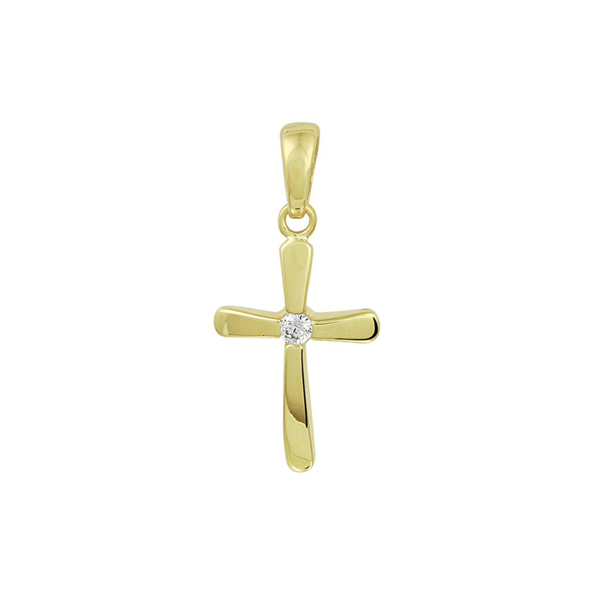 Beschrijving: Geelgouden hanger met een kruis uitgevoerd met een schitterende zirkonia