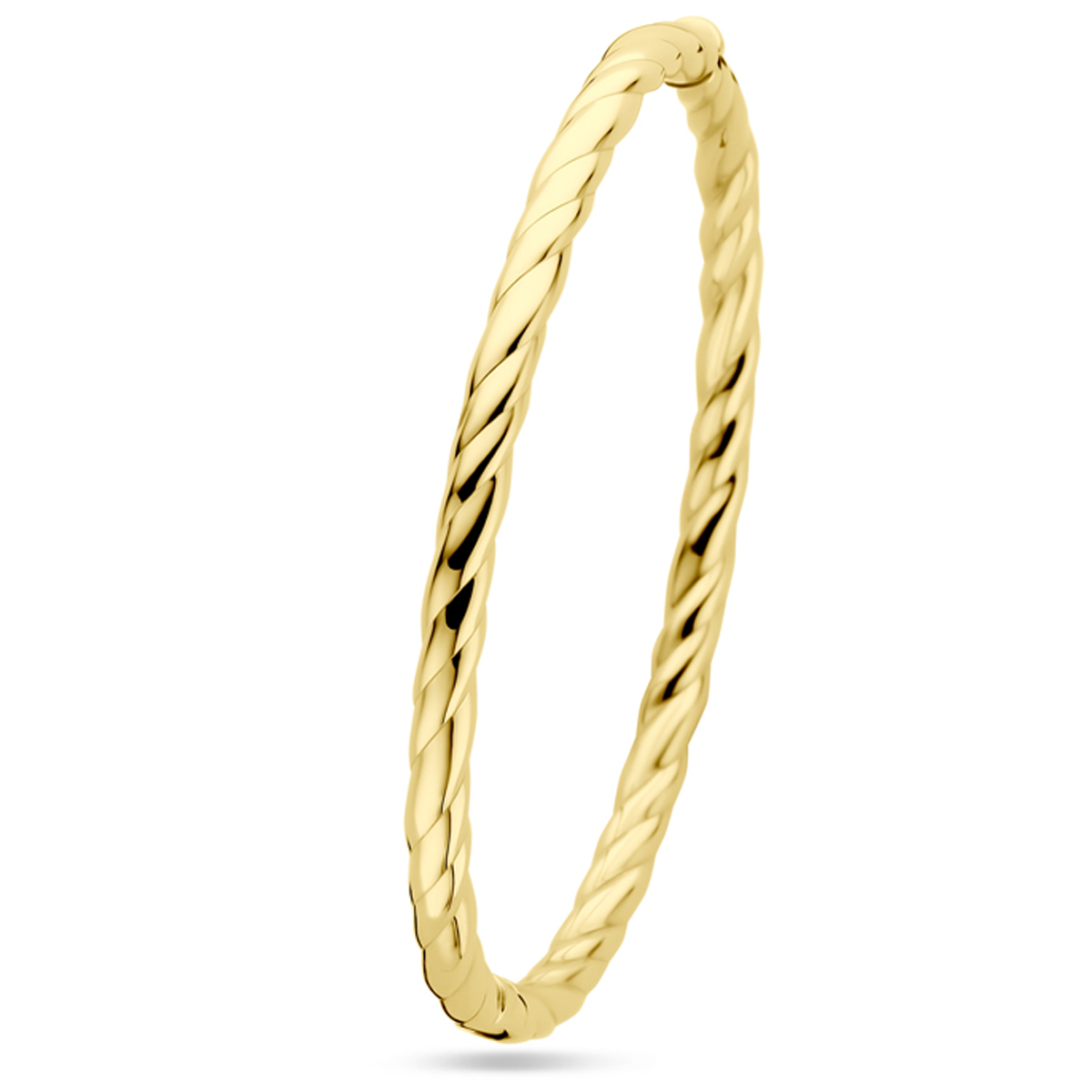 14k Geelgouden bangle uitgevoerd met een gedraaide buis. De bangle heeft een totale diameter van 60mm.
