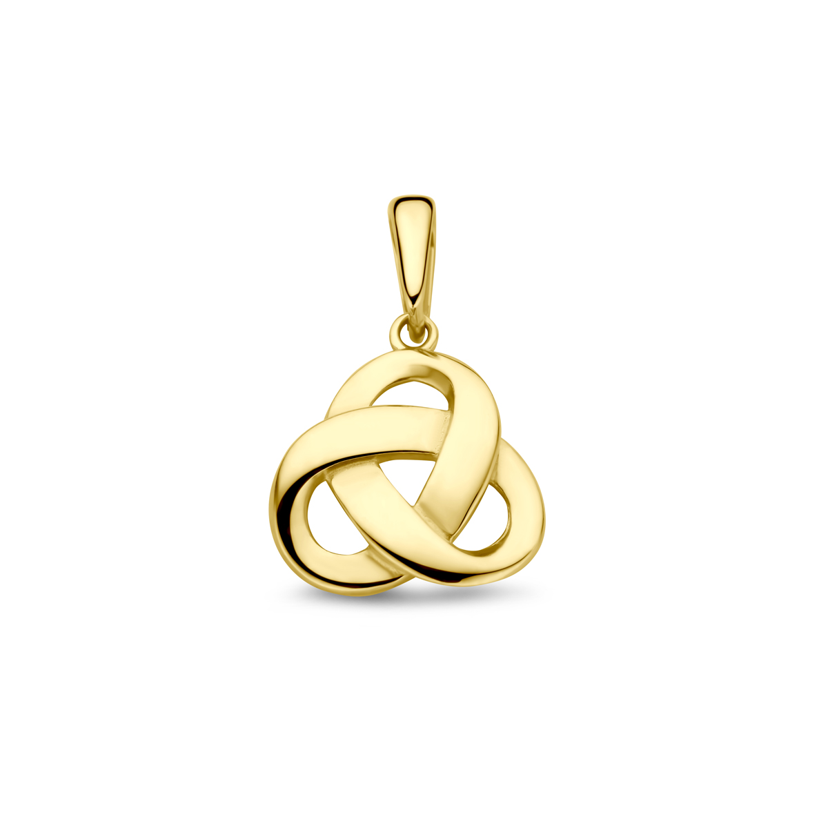 14k Geelgouden hanger uitgevoerd in de vorm van een knoop. De totale hoogte is 16mm. De afmetingen van de hanger zijn 11.5x10.5mm.