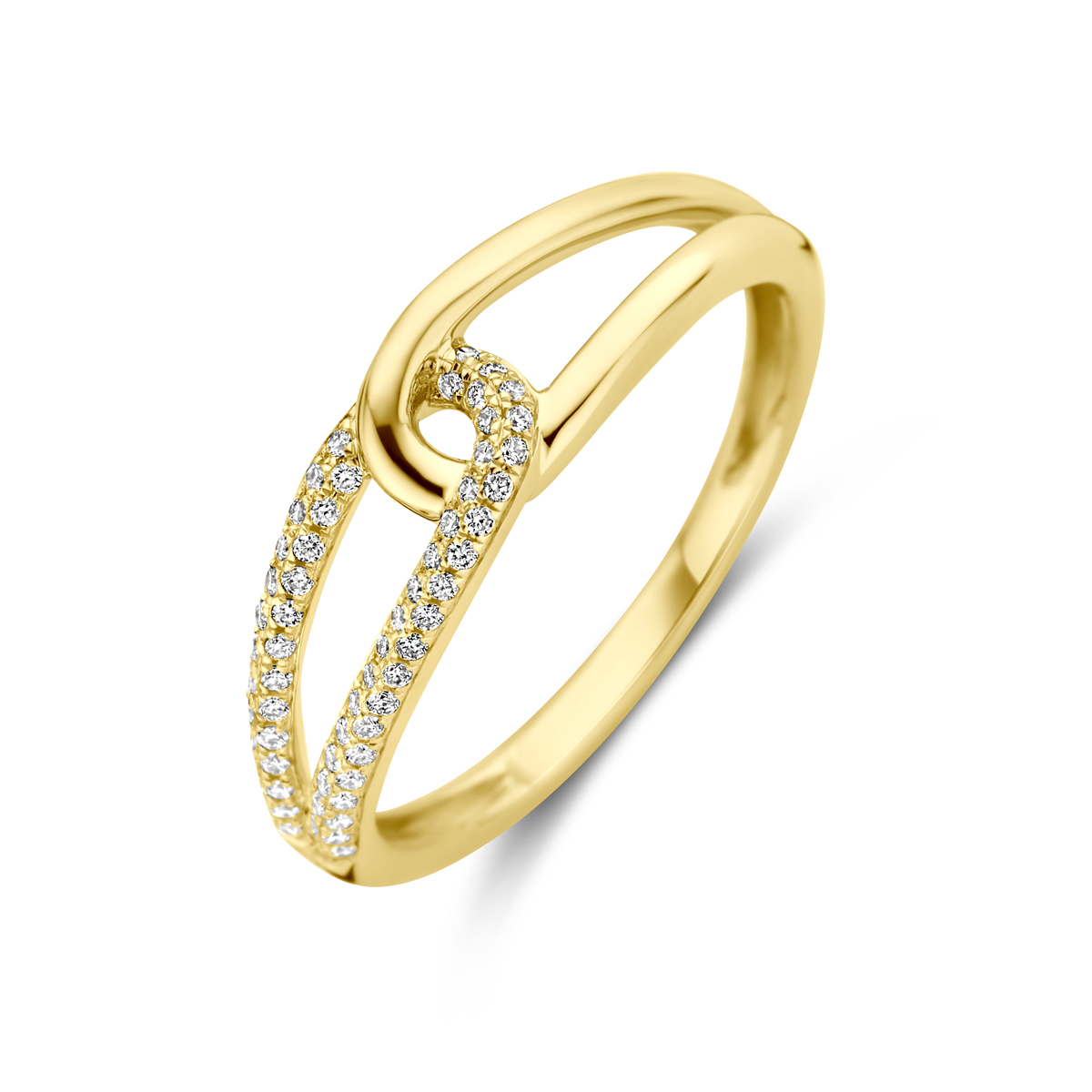 14k Geelgouden ring uitgevoerd met diamant. De ring heeft een breedte van 5.5mm. Het totale diamantgewicht is 0.14ct.