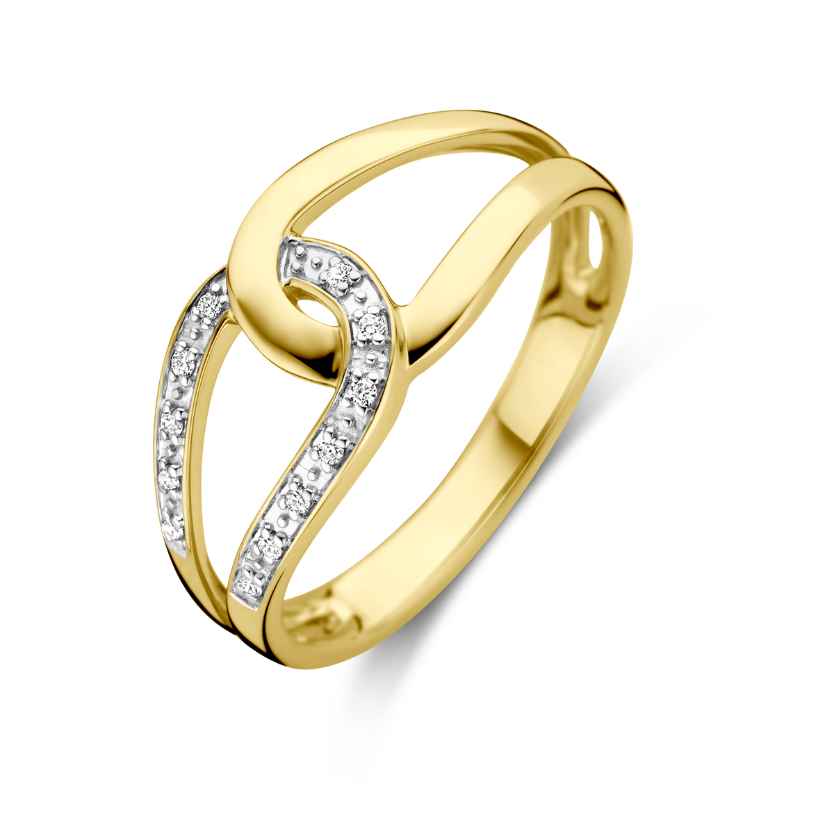 14k Geelgouden ring uitgevoerd met diamant. De ring heeft een breedte van 8mm. De totale diamantgewicht is 0.03ct.