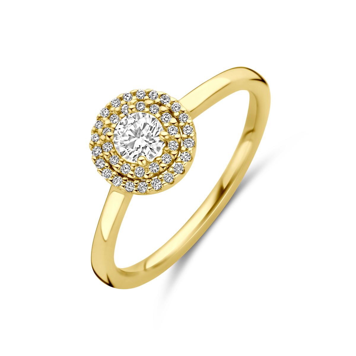 14k Geelgouden ring uitgevoerd met diamant. De ring heeft een diameter van 8.5mm. Het totale diamantgewicht is 0.36ct.